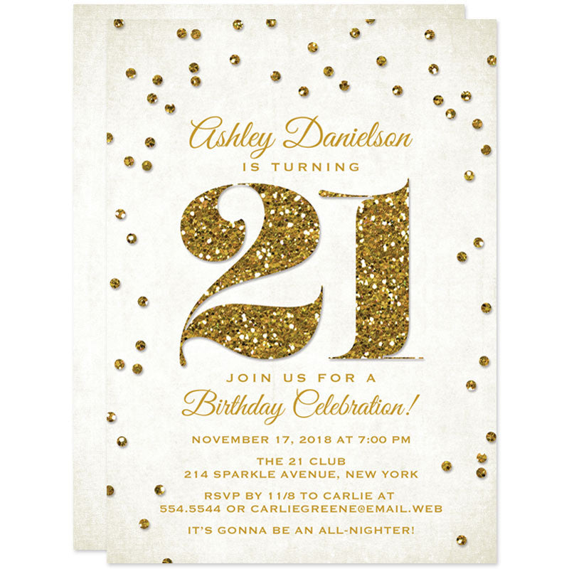 Gold Glitter Look Confetti 21st Birthday Party Invitations