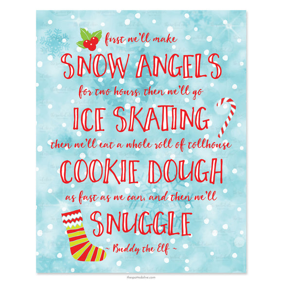 Snuggle Elf Quote Printable Art by The Spotted Olive-Scene of art in silver frame and little tree decor