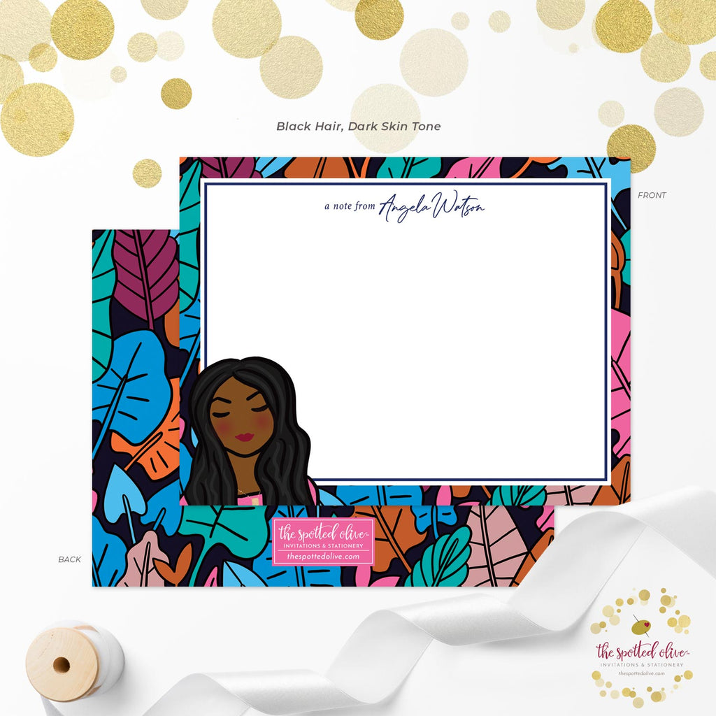Cute Lady & Bright Leaves Personalized Note Cards