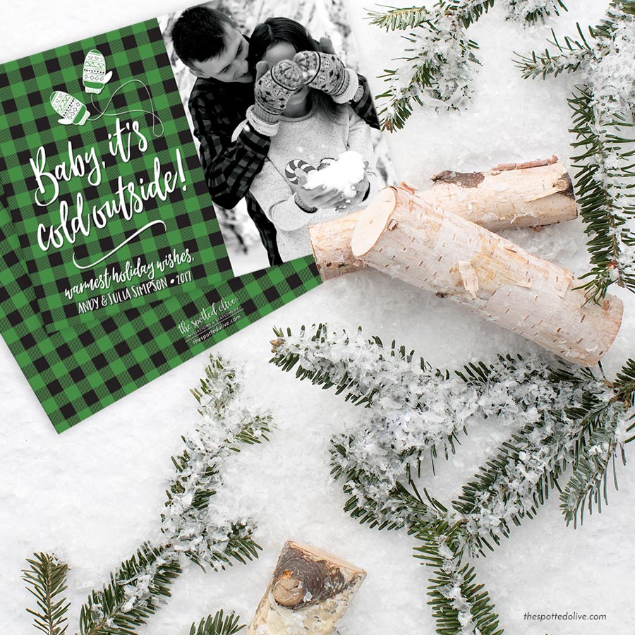 Baby, It’s Cold Outside Buffalo Plaid Holiday Photo Cards by The Spotted Olive - Scene