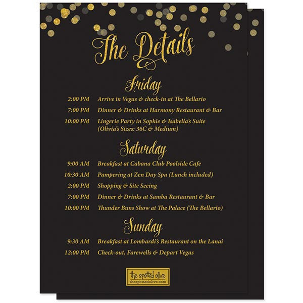 Bachelorette Weekend Invitations - Black & Gold Confetti - The Spotted Olive - Back