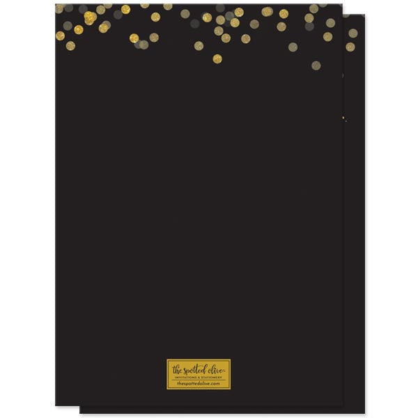 Black & Gold Confetti Cocktails & Nibbles Birthday Party Invitations by The Spotted Olive - Back