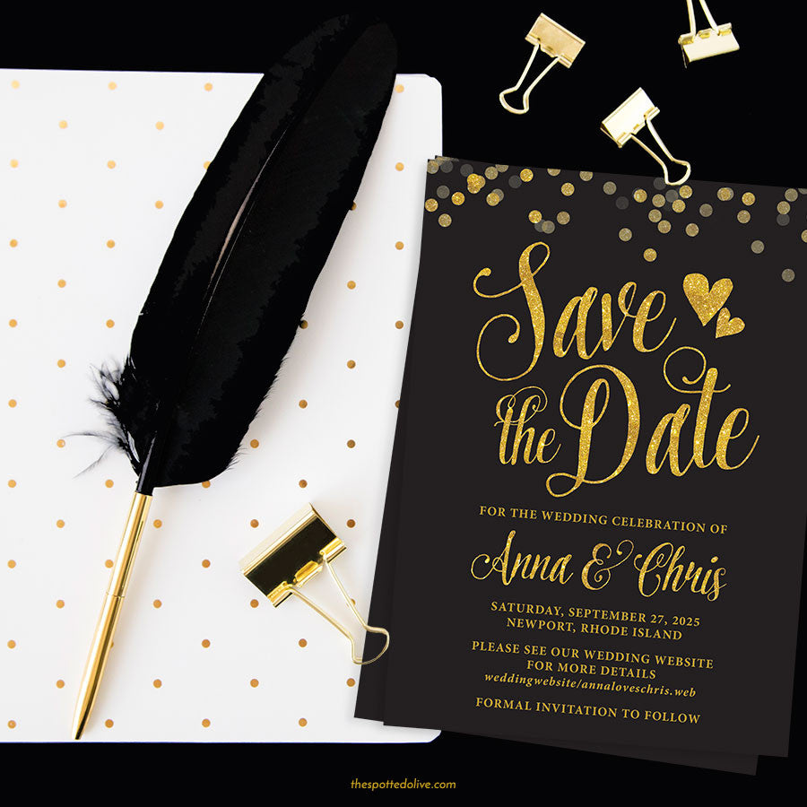 Black & Gold Confetti Save The Dates by The Spotted Olive - Scene