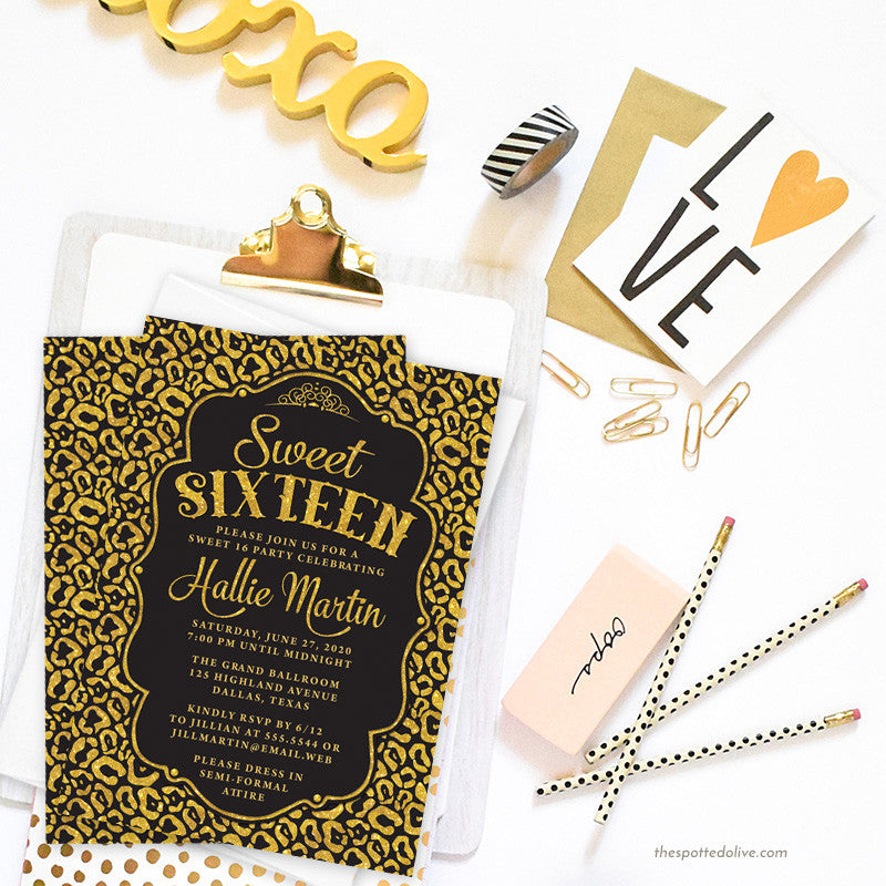 Black & Gold Leopard Print Sweet 16 Party Invitations by The Spotted Olive - Scene