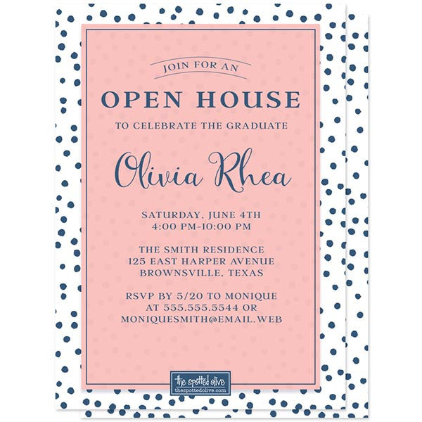 Blue Polka Dots with Pink Graduation Announcements by The Spotted Olive back