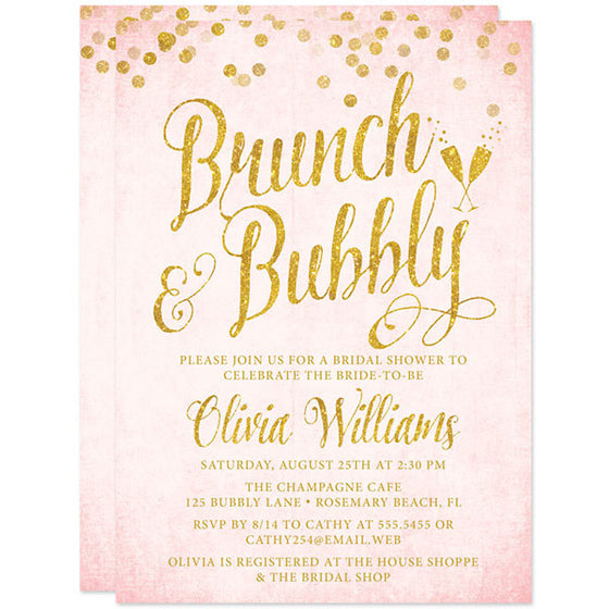 Blush Pink & Gold Glitter Brunch & Bubbly Bridal Shower Invitations by The Spotted Olive