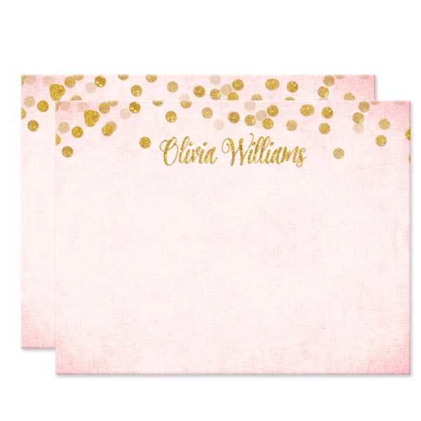 Blush Pink & Gold Confetti Personalized Note Cards by The Spotted Olive - Front