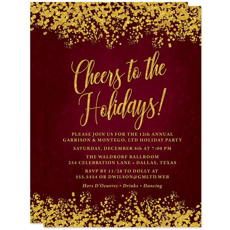 Red & Gold Confetti Holiday Party Invitations by The Spotted Olive - Front