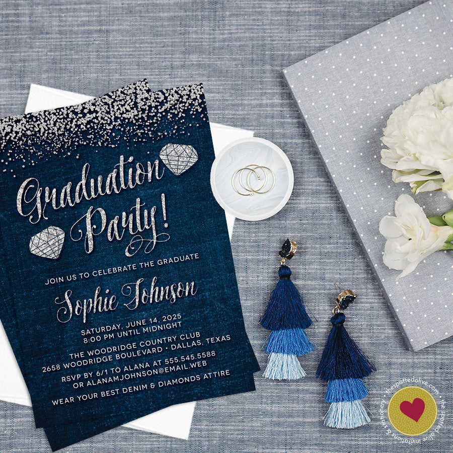 Denim & Diamonds Graduation Party Invitations by The Spotted Olive - Scene