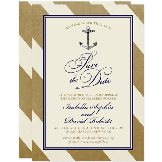 Elegant Navy & Gold Nautical Stripes Save The Date Cards