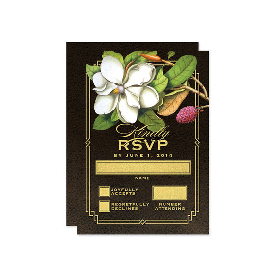 Elegant Vintage Southern Magnolia Wedding RSVP Cards by The Spotted Olive