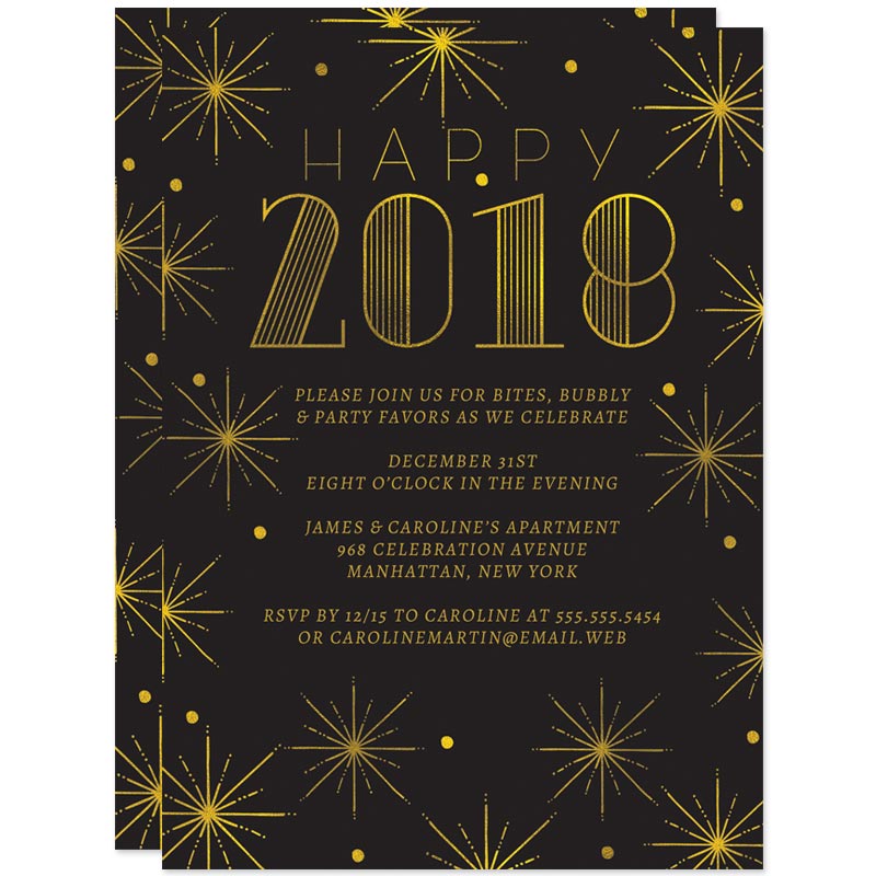 Black & Gold Burst New Year's Eve Party Invitations by The Spotted Olive
