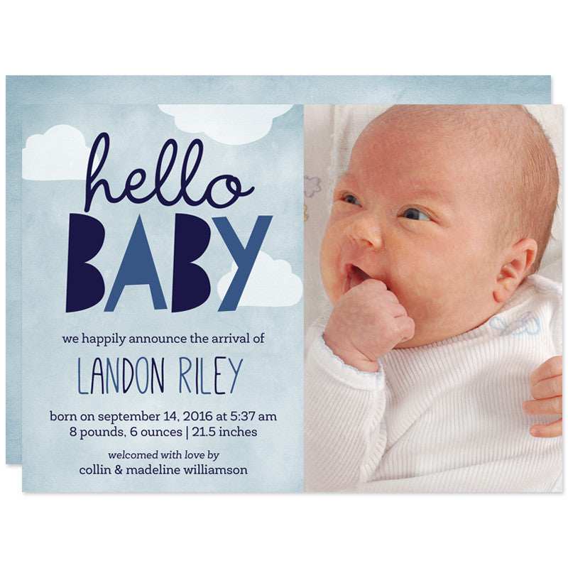 Blue Hello Baby Clouds Birth Announcements