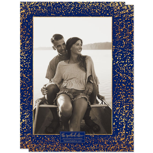 Navy & Gold Confetti Photo Engagement Party Invitations by The Spotted Olive