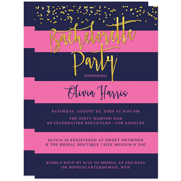 Navy & Pink Stripes Gold Confetti Bachelorette Party Invitations by The Spotted Olive