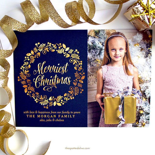 Gold Wreath Merriest Christmas Holiday Photo Cards by The Spotted Olive - Scene