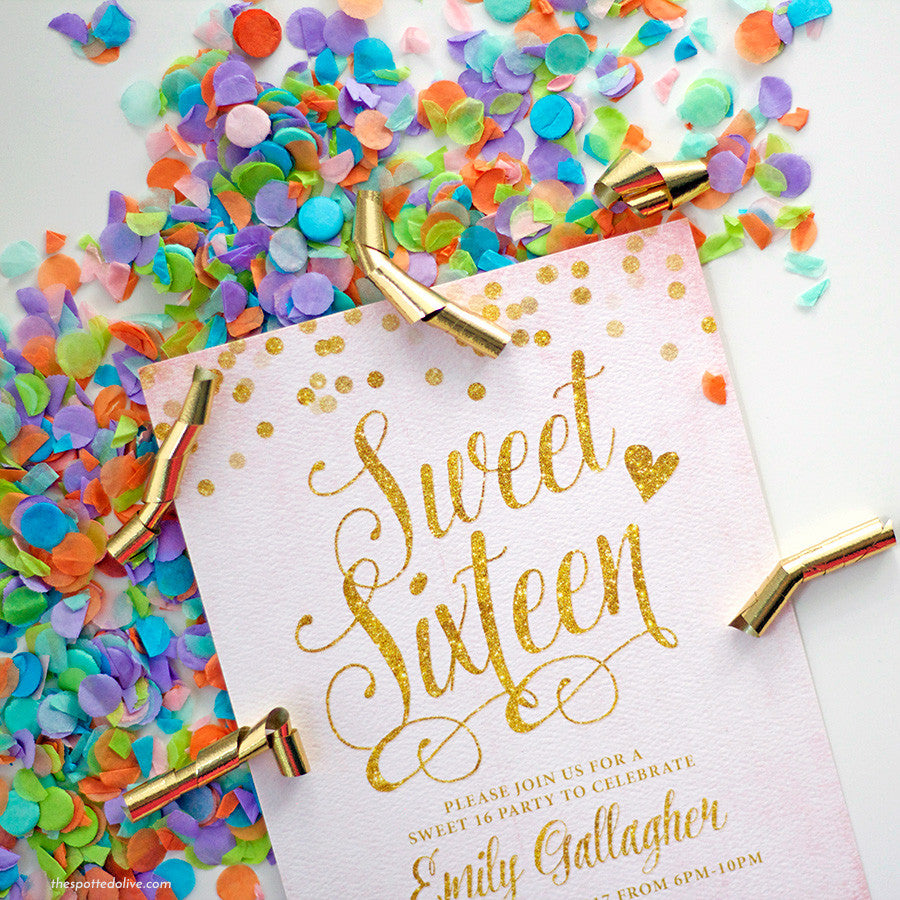 Blush Pink & Gold Confetti Sweet 16 Invitations by The Spotted Olive - Scene