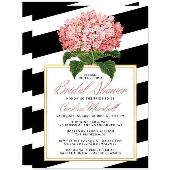 Pink Hydrangeas & Black Stripes Bridal Shower Invitations by The Spotted Olive