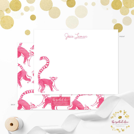 Pink Lemur Personalized Note Cards by The Spotted Olive
