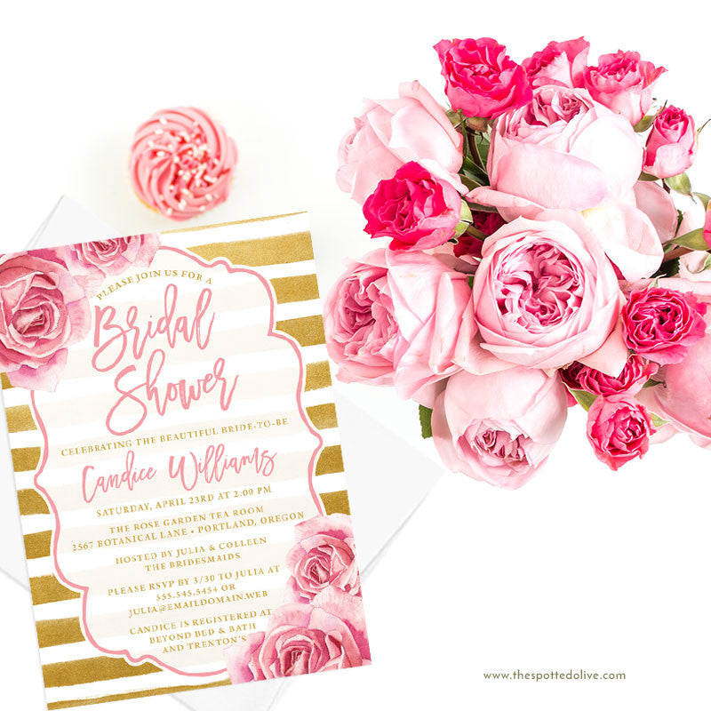 Pink Roses & Gold Stripes Bridal Shower Invitations by The Spotted Olive - Scene