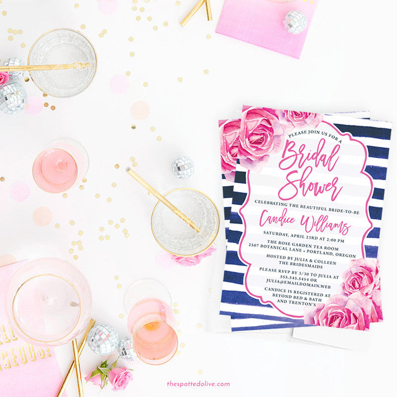 pink roses & navy stripes bridal shower invitations by the spotted olive - image