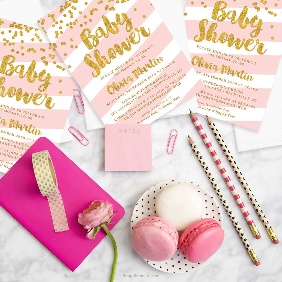 Pink Stripes & Gold Confetti Baby Shower Invitations by The Spotted Olive - Scene