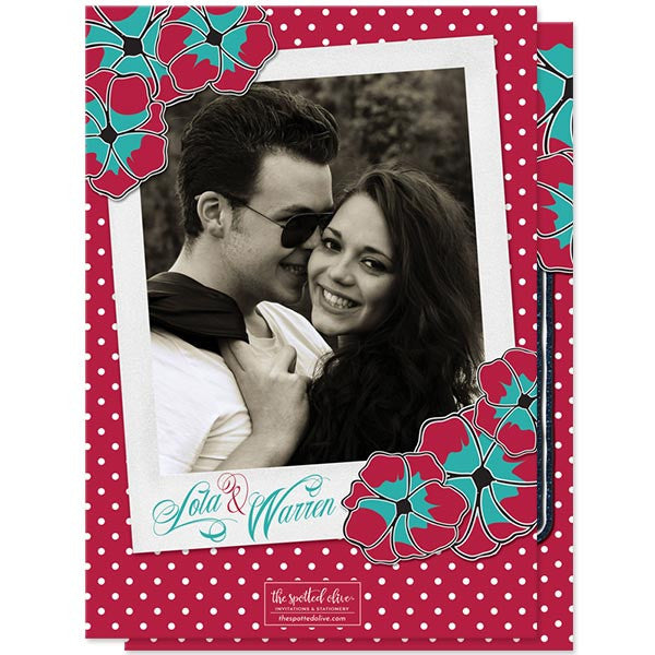 Rockabilly Denim & Polka Dots Save the Date Cards by The Spotted Olive - Back