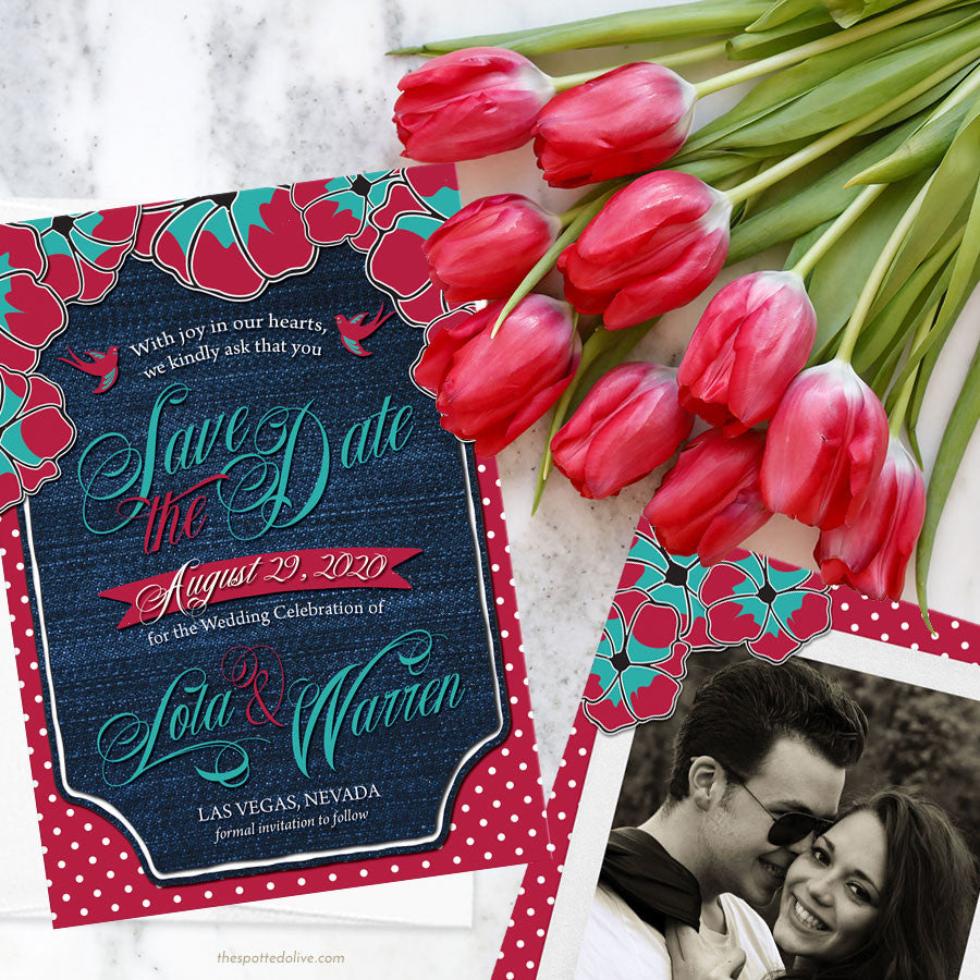 Rockabilly Denim & Polka Dots Save the Date Cards by The Spotted Olive - Scene