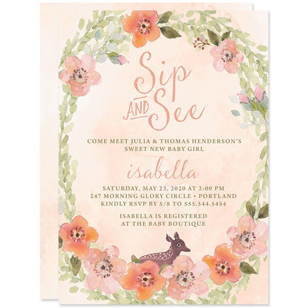 Sip & See Baby Shower Invitations - Sweet Woodland Floral - The Spotted Olive