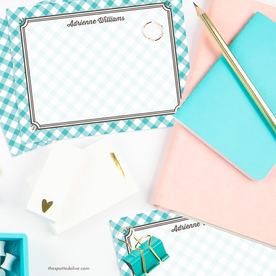 Turquoise Gingham Personalized Note Cards by The Spotted Olive - Scene