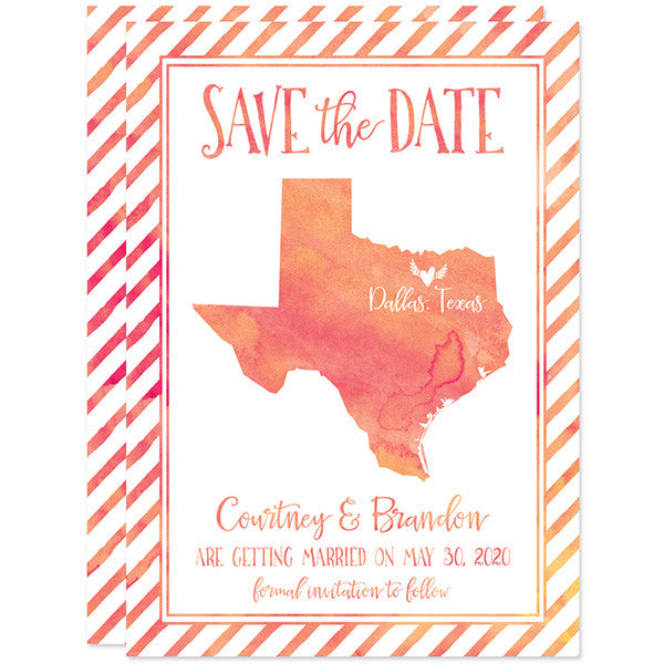 Watercolor Texas Shape Save The Date Cards by The Spotted Olive