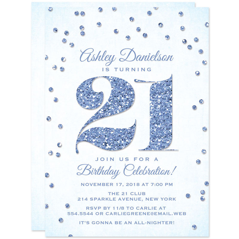 Blue Glitter Look Confetti 21st Birthday Party Invitations