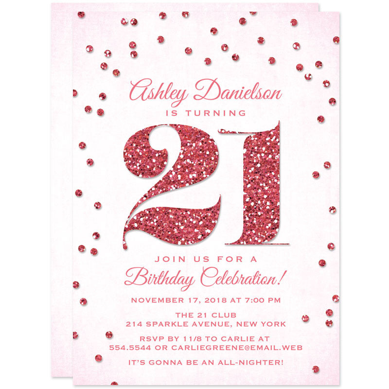 Pink Glitter Look Confetti 21st Birthday Party Invitations