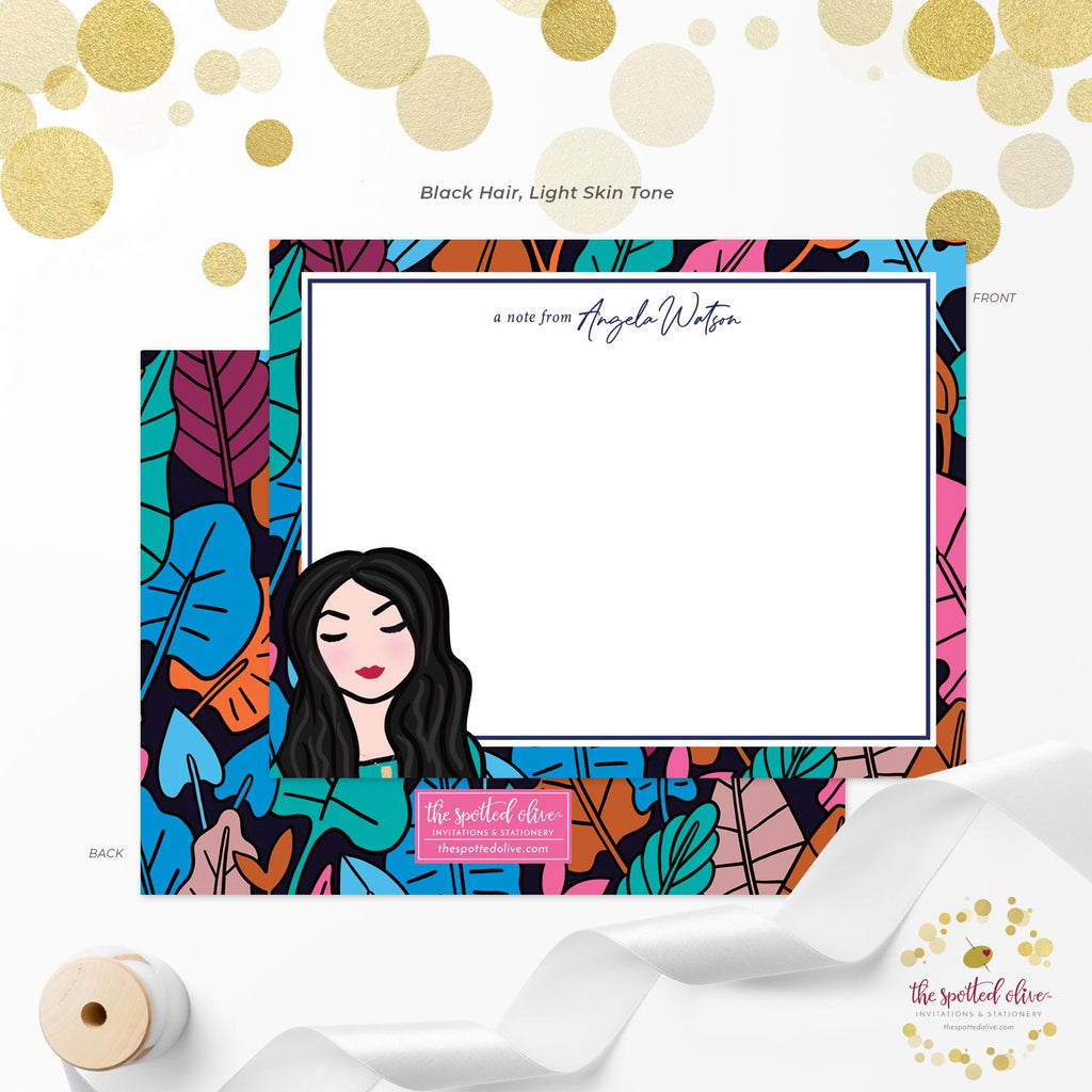 Cute Lady & Bright Leaves Personalized Note Cards