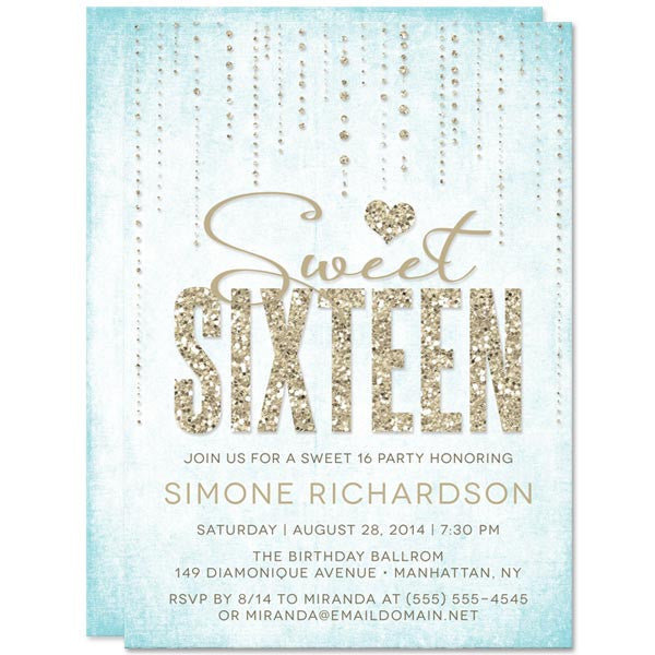 Aqua & Gold Glitter Look Streaming Gems Sweet 16 Invitations by The Spotted Olive