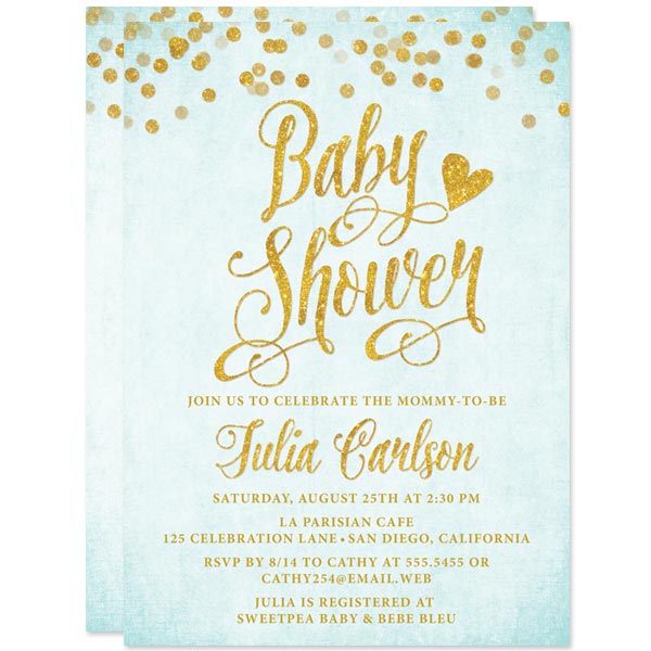 Aqua Blue & Gold Confetti Baby Shower Invitations by The Spotted Olive