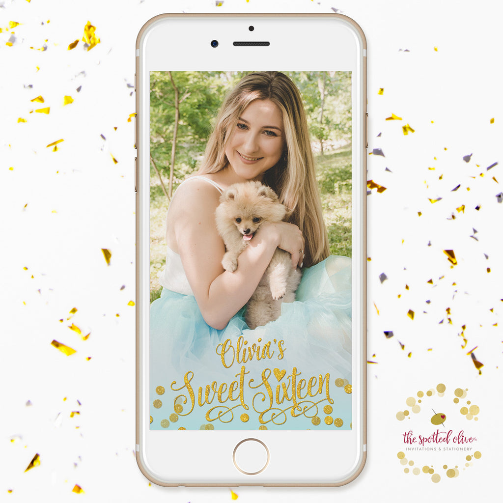 Aqua Blue & Gold Confetti Sweet 16 Personalized Snapchat Filter