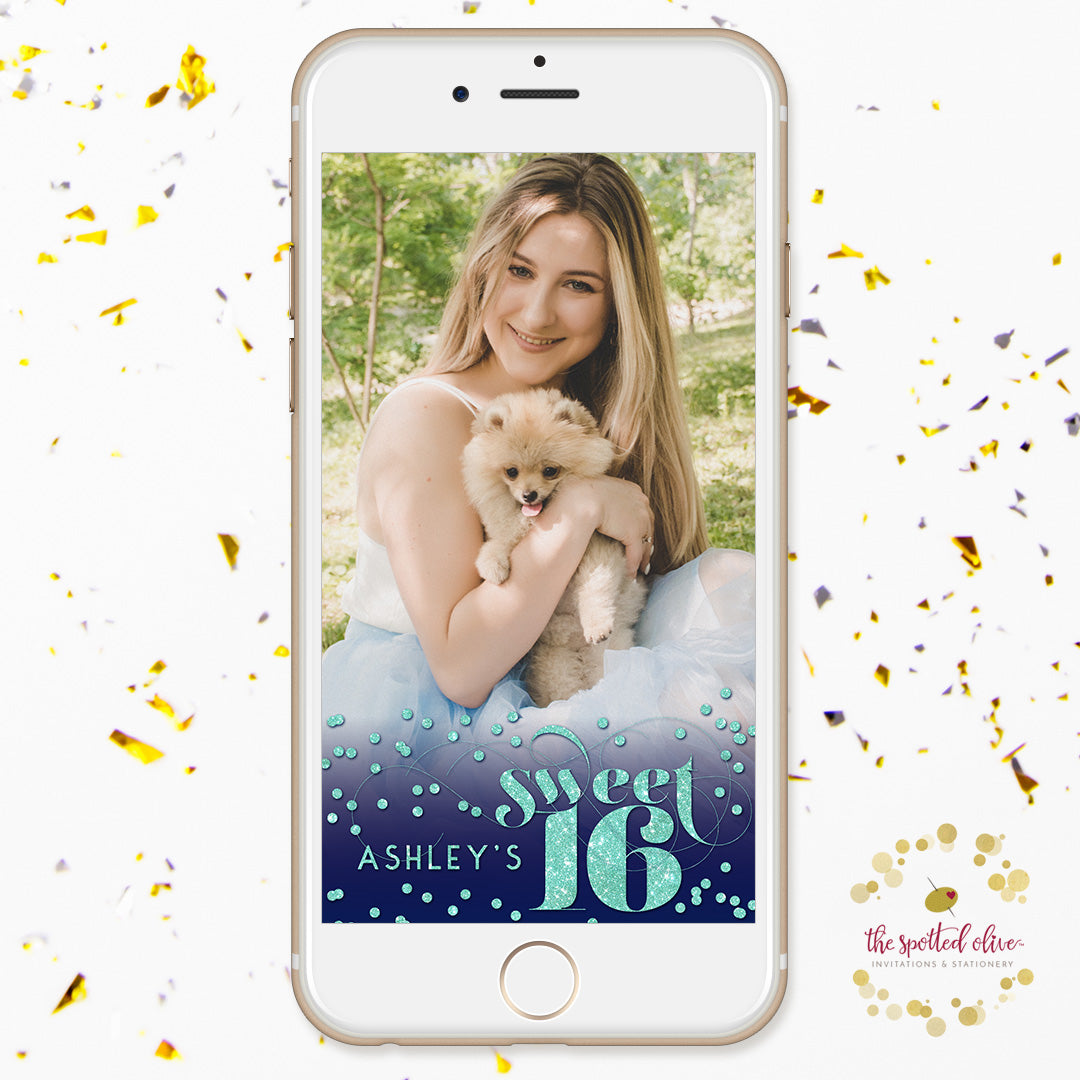Aqua Blue Confetti Sweet 16 Personalized Snapchat Filter by The Spotted Olive