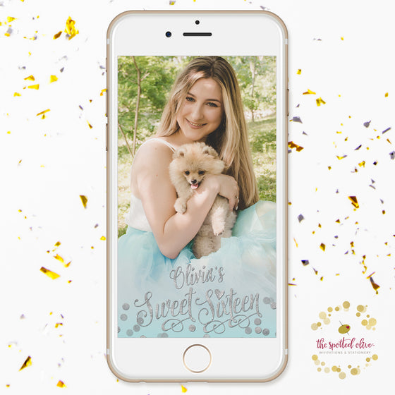 Aqua Blue & Silver Confetti Sweet 16 Personalized Snapchat Filter by The Spotted Olive