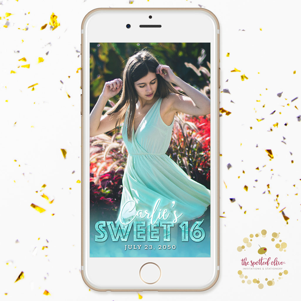 Turquoise Glow Sweet 16 Snapchat Geofilter by The Spotted Olive