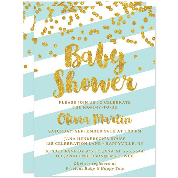 Baby Shower Invitations - Aqua Stripes & Gold Confetti - The Spotted Olive - Back