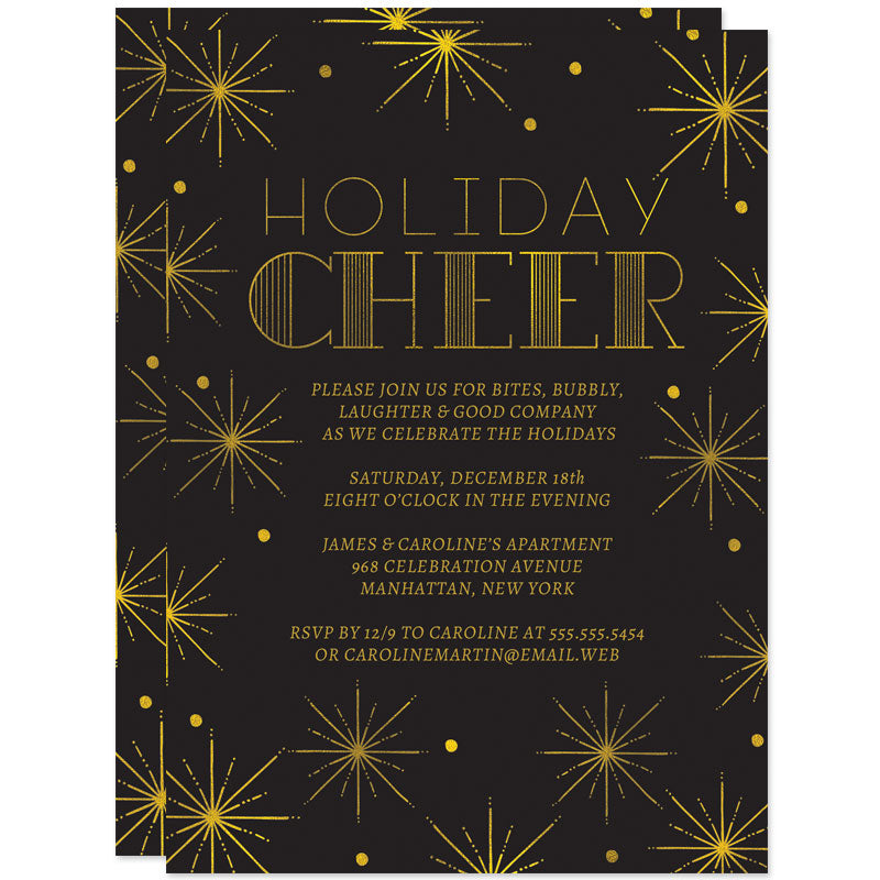 Black & Gold Bursts Holiday Party Invitations by The Spotted Olive - Front