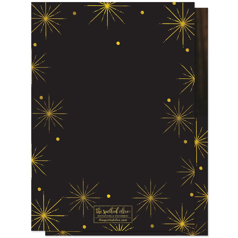 Black & Gold Bursts New Year Photo Cards by The Spotted Olive - Back