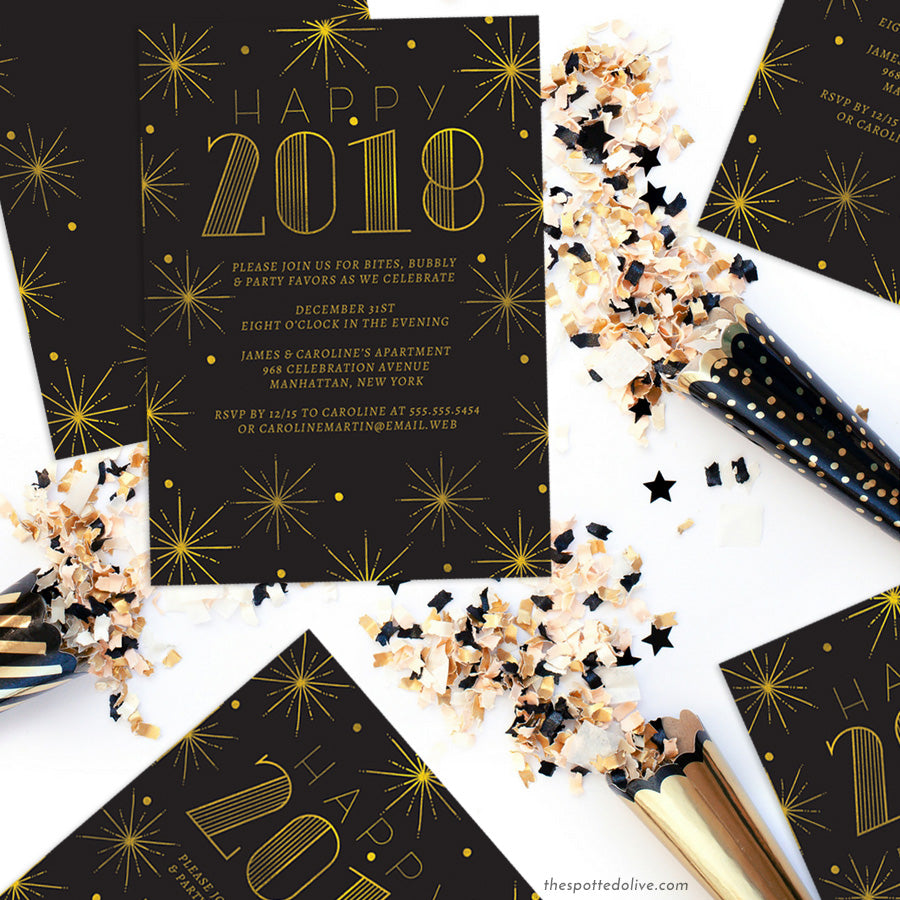 Black & Gold Burst New Year's Eve Party Invitations by The Spotted Olive - Scene