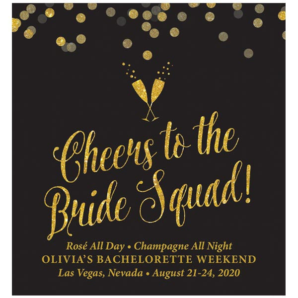 Black & Gold Confetti Bachelorette Party Wine Labels by The Spotted Olive