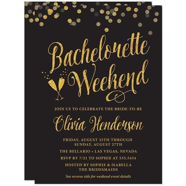 Bachelorette Weekend Invitations - Black & Gold Confetti - The Spotted Olive