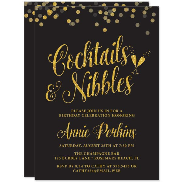 Black & Gold Confetti Cocktails & Nibbles Birthday Party Invitations by The Spotted Olive