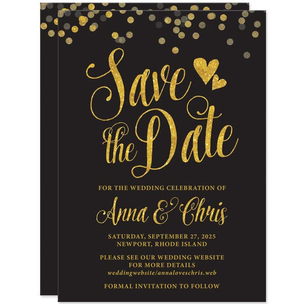 Black & Gold Confetti Save The Dates by The Spotted Olive