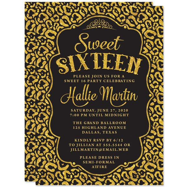 Black & Gold Leopard Print Sweet 16 Party Invitations by The Spotted Olive
