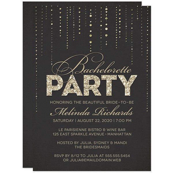 Black & Gold Glitter Look Bachelorette Party Invitations by The Spotted Olive